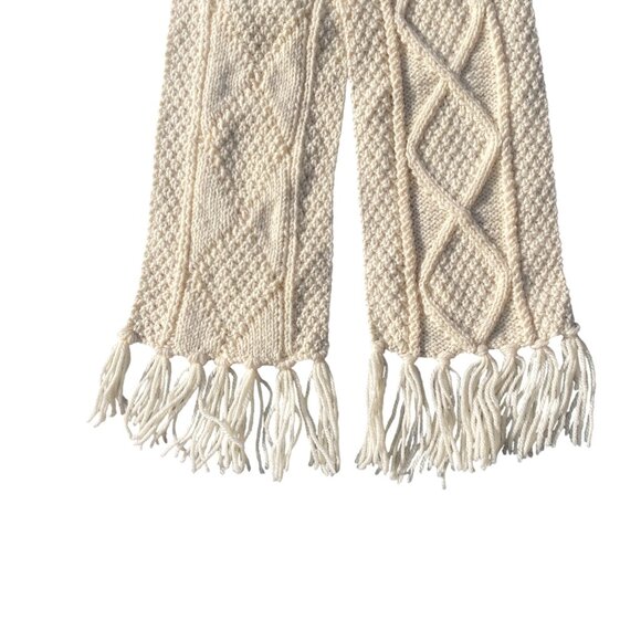 Vintage John Molloy Ireland Cable Knit Wool Scarf Ivory Aran Fringe Fisherman - Picture 4 of 11